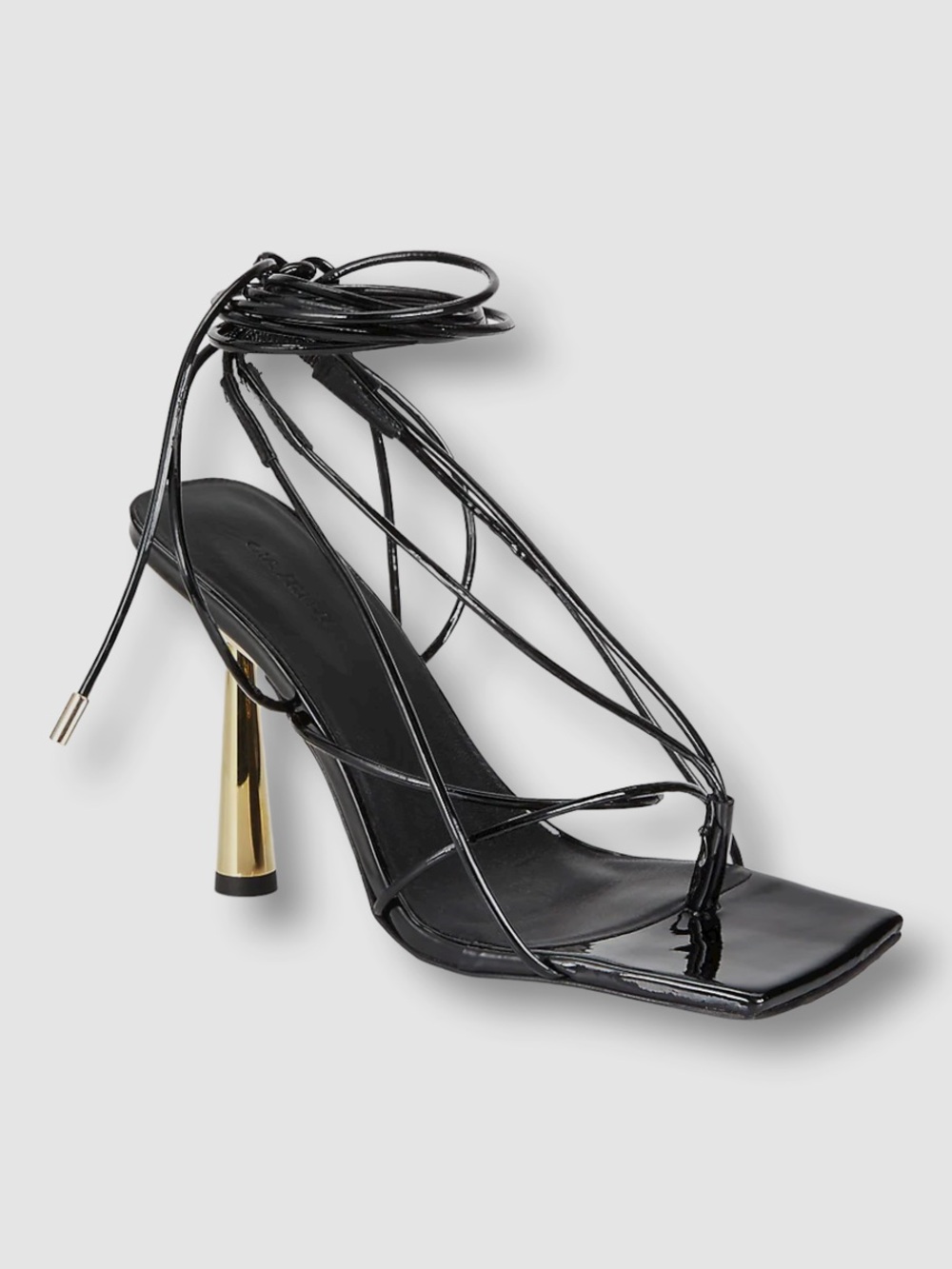 Gia Borghini Black Patent Lace-Up Stiletto Sandal with Gold Heel